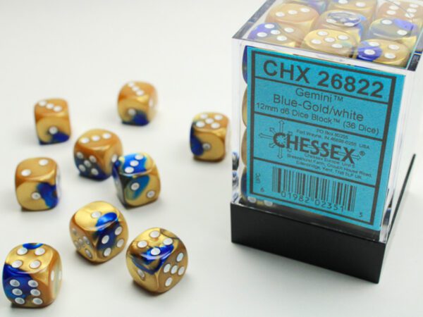 image of packaged Chessex: Gemini Blue-Gold/white 12mm d6 Dice Block (36 dice)