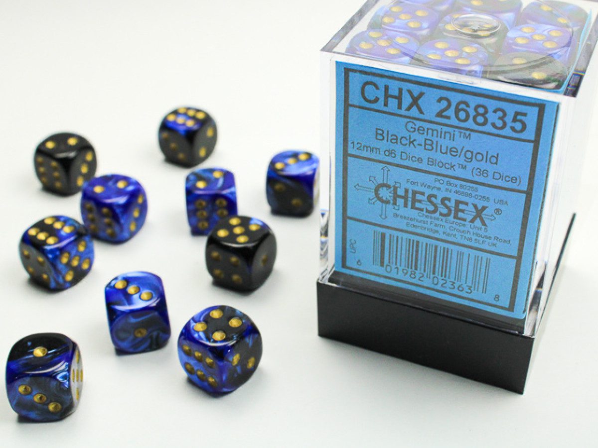 image of packaged Chessex: Gemini Black-Blue/Gold 12mm d6 Dice Block (36 dice)