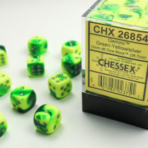 image of packaged Chessex: Gemini Green-Yellow/silver 12mm d6 Dice Block (36 dice)