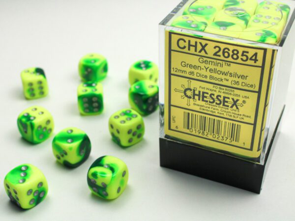 image of packaged Chessex: Gemini Green-Yellow/silver 12mm d6 Dice Block (36 dice)