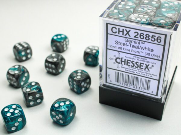 Chessex: Gemini Steel-Teal/White 12mm d6 Dice Block (36 dice)