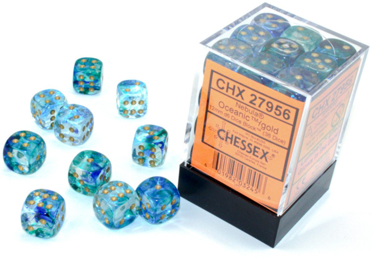 image of packaged Chessex: Nebula Oceanic/Gold Luminary 12mm d6 Dice Block (36 dice)