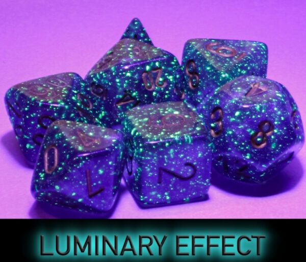 image of Chessex: Borealis Mega-hedral Royal Purple/Gold Luminary 7-Die Set glow effect