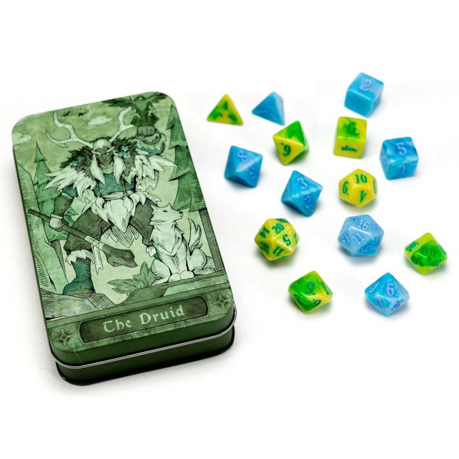 photo of RPG Class Dice Set: Druid (14) dice and tin