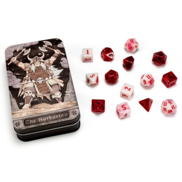 image of RPG Class Dice Set: Barbarian tin and dice