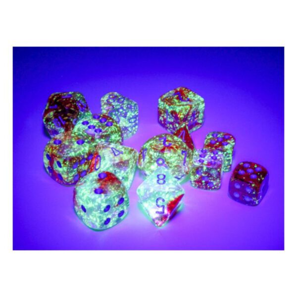 image of Chessex: Nebula Red/silver Luminary Polyhedral 7-Dice Set glow effect