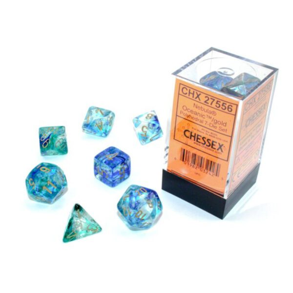 image of Chessex: Nebula Oceanic/Gold Luminary Polyhedral 7-Dice Set display