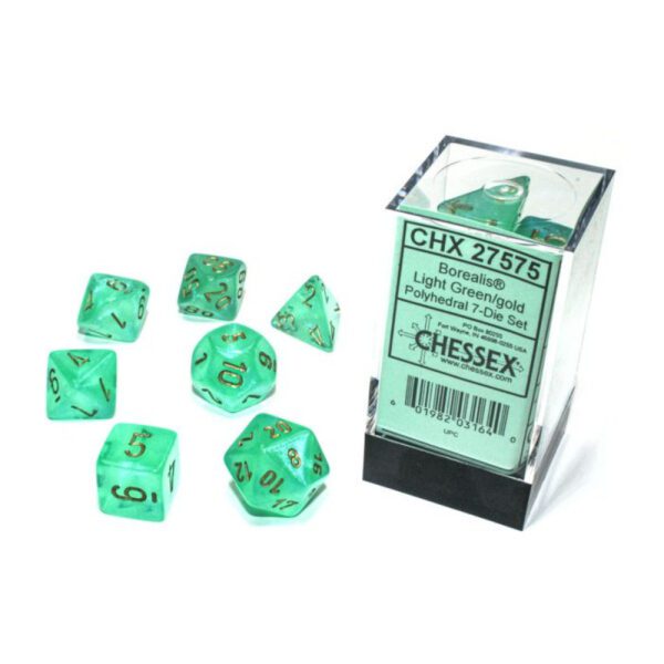 image of Chessex: Borealis Light Green/gold Luminary Polyhedral 7-Dice Set display