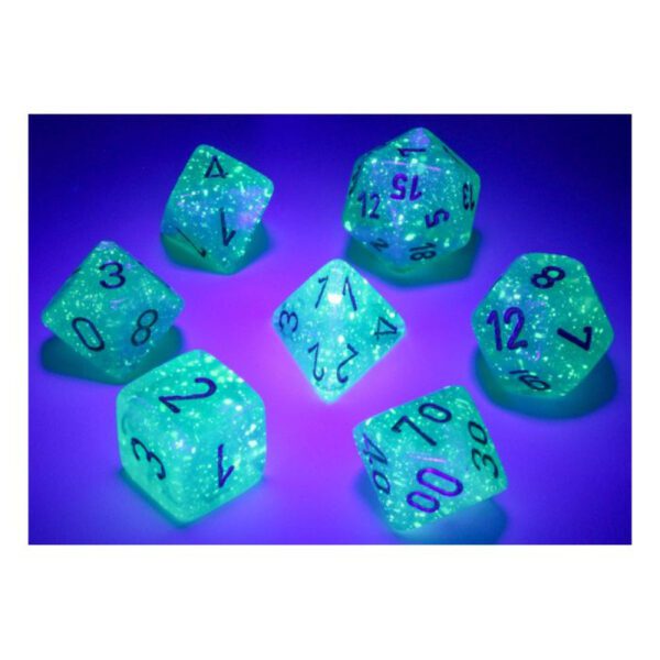 image of Chessex: Borealis Purple/White Luminary Polyhedral 7-Dice Set glow effect