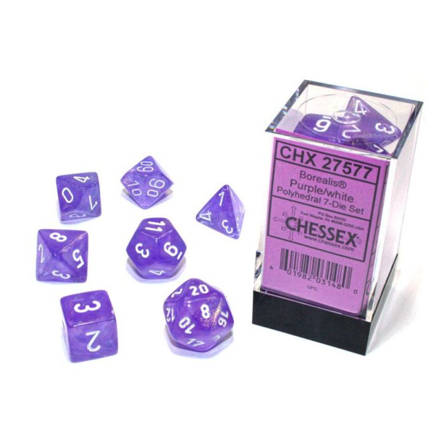 image of Chessex: Borealis Purple/White Luminary Polyhedral 7-Dice Set display