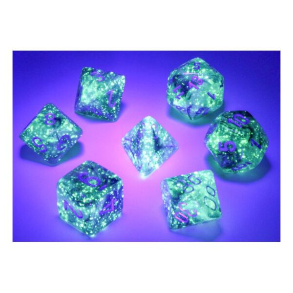 image of Chessex: Borealis Light Smoke/Silver Luminary Polyhedral 7-Dice Set glow effect