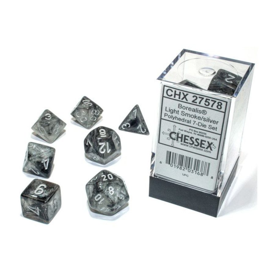 image of Chessex: Borealis Light Smoke/Silver Luminary Polyhedral 7-Dice Set display