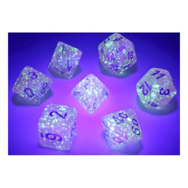 image of Chessex: Borealis Pink/silver Luminary Polyhedral 7-Dice Set glow effect