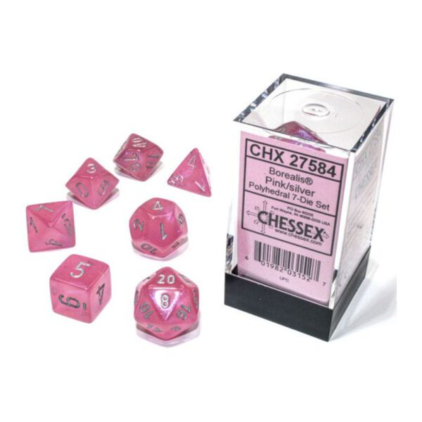 image of Chessex: Borealis Pink/silver Luminary Polyhedral 7-Dice Set display