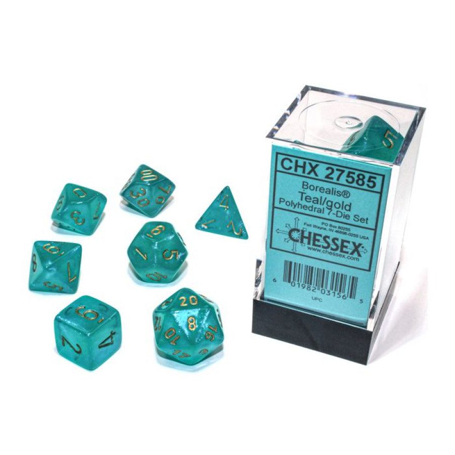 image of Chessex: Borealis Teal/gold Luminary Polyhedral 7-Dice Set display