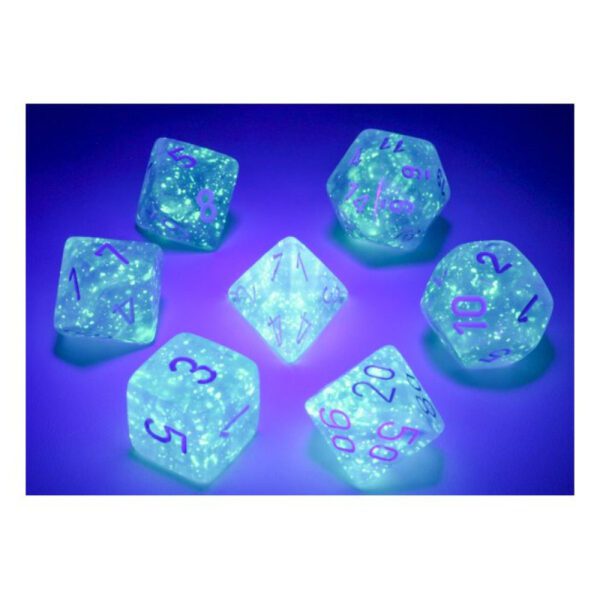 image of Chessex: Borealis Sky Blue/White Luminary Polyhedral 7-Dice Set glow effect