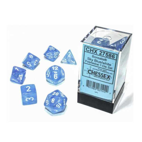 image of Chessex: Borealis Sky Blue/White Luminary Polyhedral 7-Dice Set display