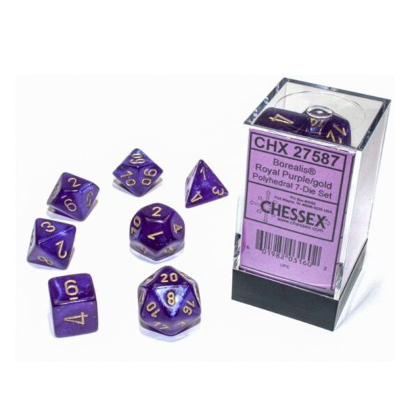 image of Chessex: Borealis Royal Purple/Gold Luminary Polyhedral 7-Dice Set display