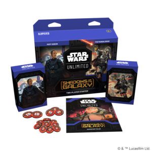 image of Star Wars Unlimited: Shadows of the Galaxy Two-Player Starter packaging and contents