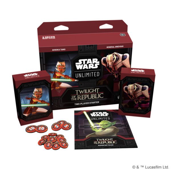 image of packaging and contents of Star Wars Unlimited: Twilight of the Republic Two-Player Starter