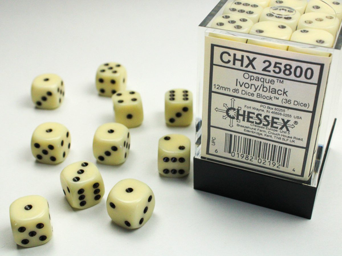 photo of Chessex: Opaque Ivory/Black 12mm d6 Dice Block (36 dice)