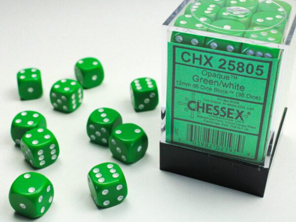 photo of Chessex: Opaque Green/White 12mm d6 Dice Block (36 dice)