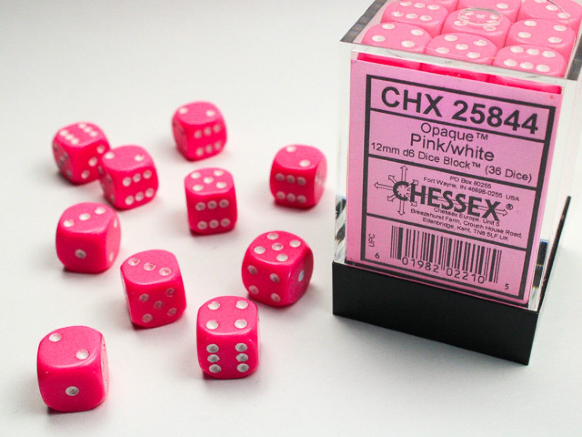 photo of Chessex: Opaque Pink/White 12mm d6 Dice Block (36 dice)