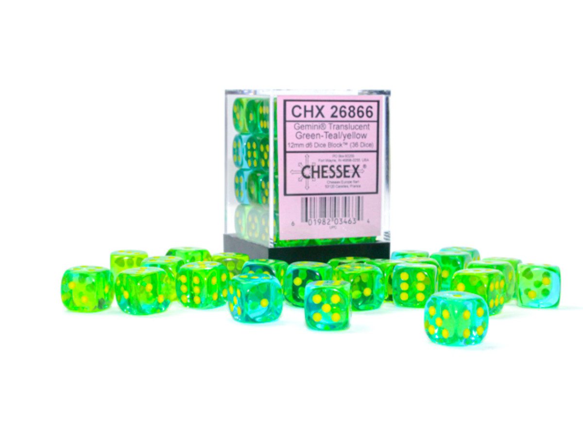 image of Chessex: Gemini Translucent Green-Teal/Yellow 12mm d6 Dice Block (36 dice)