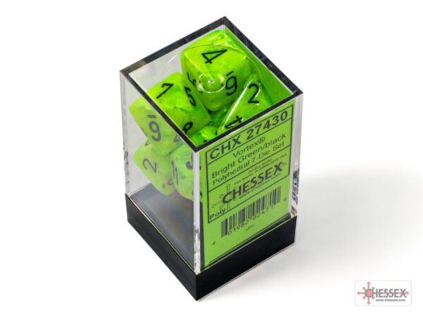 photo of Chessex: Vortex Bright Green/black Polyhedral 7-Dice Set box