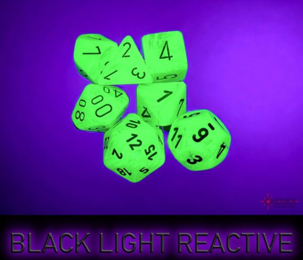 photo of Chessex: Vortex Bright Green/black Polyhedral 7-Dice Set blacklit glow