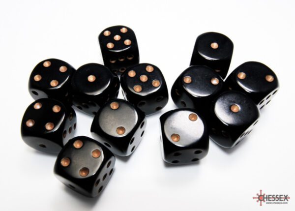 photo of Chessex: Opaque Black/Gold 16mm d6 Dice Block (12 dice) loose