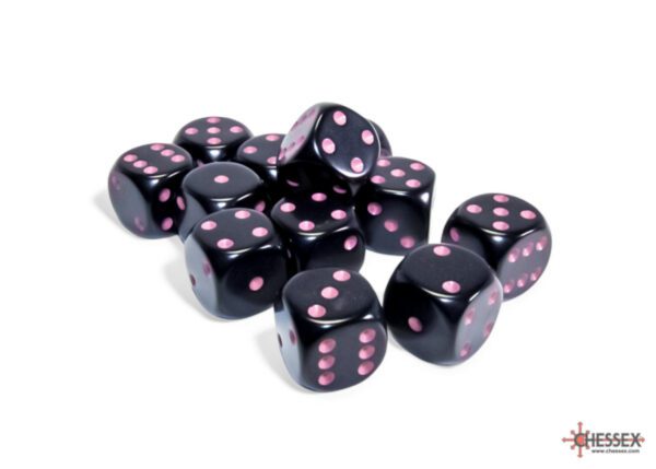 photo of Chessex: Opaque Black/Pink 16mm d6 Dice Block (12 dice) loose