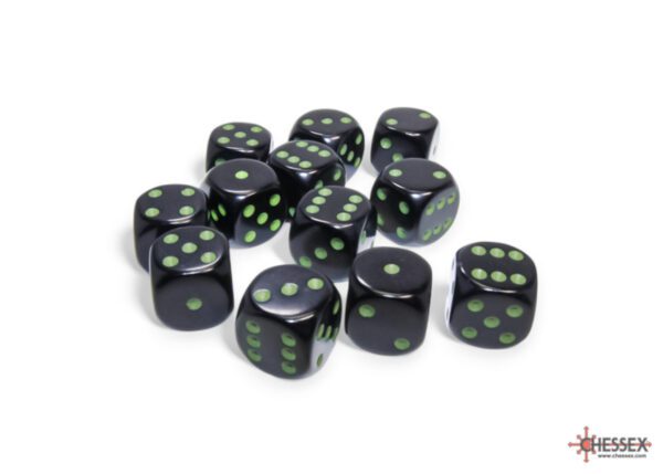 photo of Chessex: Opaque Black/Green 16mm d6 Dice Block (12 dice) loose