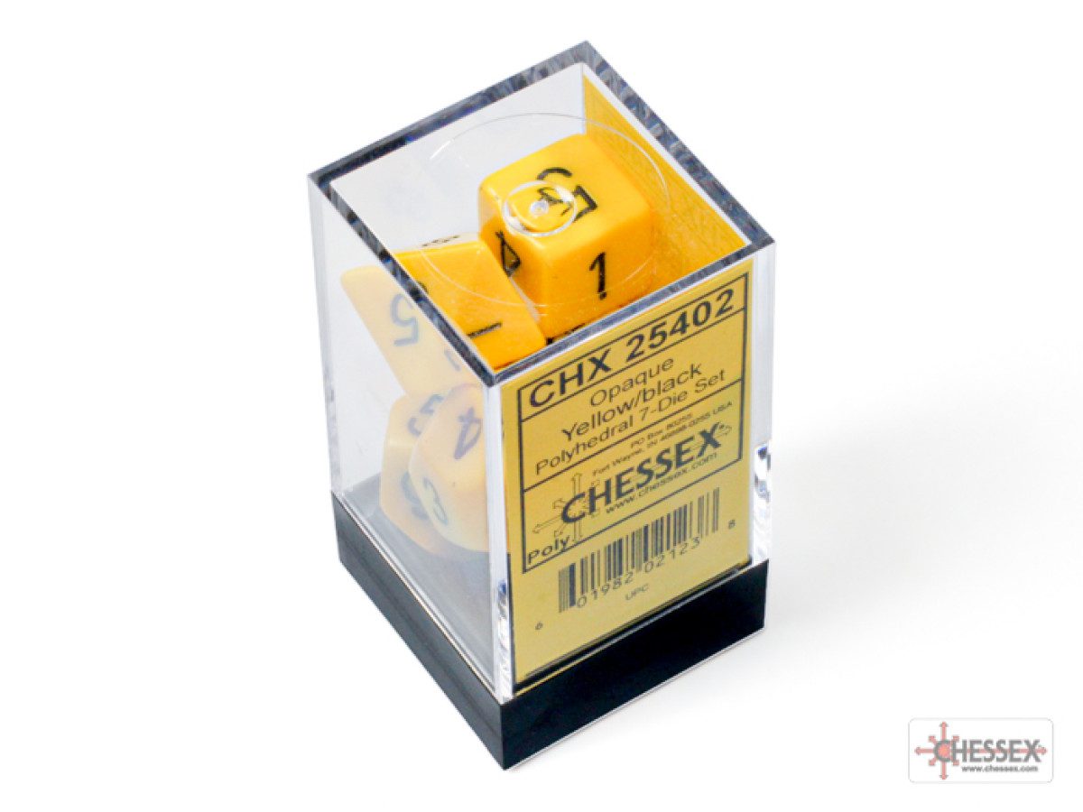 photo of Chessex: Opaque Yellow/Black Polyhedral 7-Dice Set box