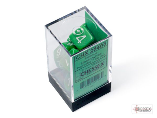 photo of Chessex: Opaque Green/White Polyhedral 7-Dice Set box