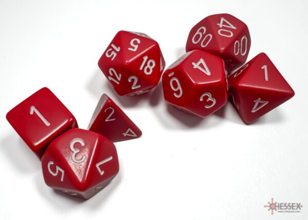 photo of Chessex: Opaque Red/White Polyhedral 7-Dice Set loose