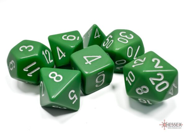 photo of Chessex: Opaque Green/White Polyhedral 7-Dice Set loose