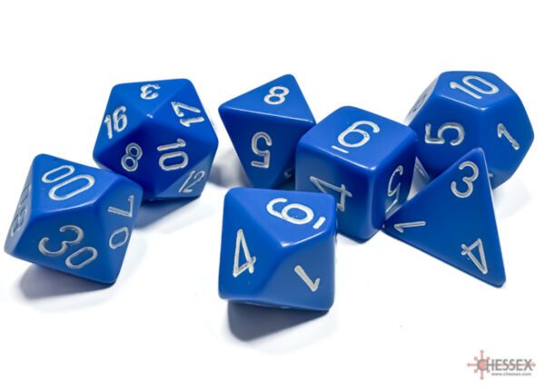 photo of Chessex: Opaque Blue/White Polyhedral 7-Dice Set loose