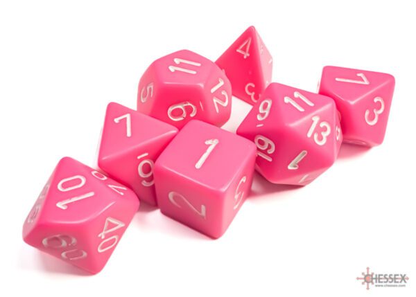 photo of Chessex: Opaque Pink/White Polyhedral 7-Dice Set loose