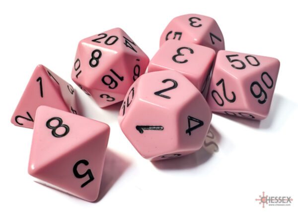 photo of Chessex: Opaque Pastel Pink/Black Polyhedral 7-Dice Set loose