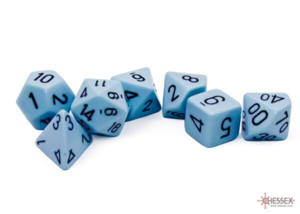 photo of Chessex: Opaque Pastel Blue/Black Polyhedral 7-Dice Set loose