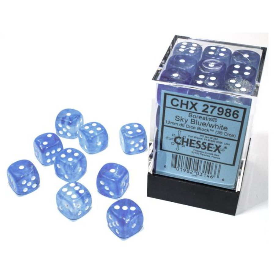 photo of Borealis Sky Blue/White 12mm d6 Dice Block and Pile