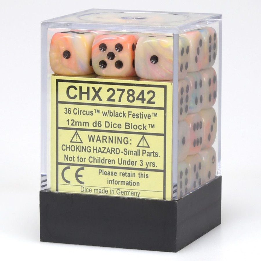 Festive Circus/Black 12mm D6 Dice Block (36 Dice)