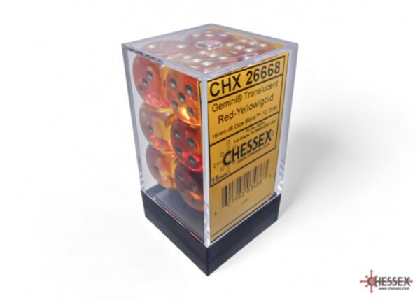 Chessex: Gemini Translucent Red-Yellow/Gold 16mm d6 Dice Block (12 Dice)