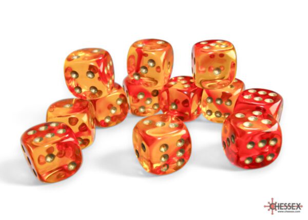 Chessex: Gemini Translucent Red-Yellow/Gold 16mm d6 Dice Block (12 Dice) - Image 2