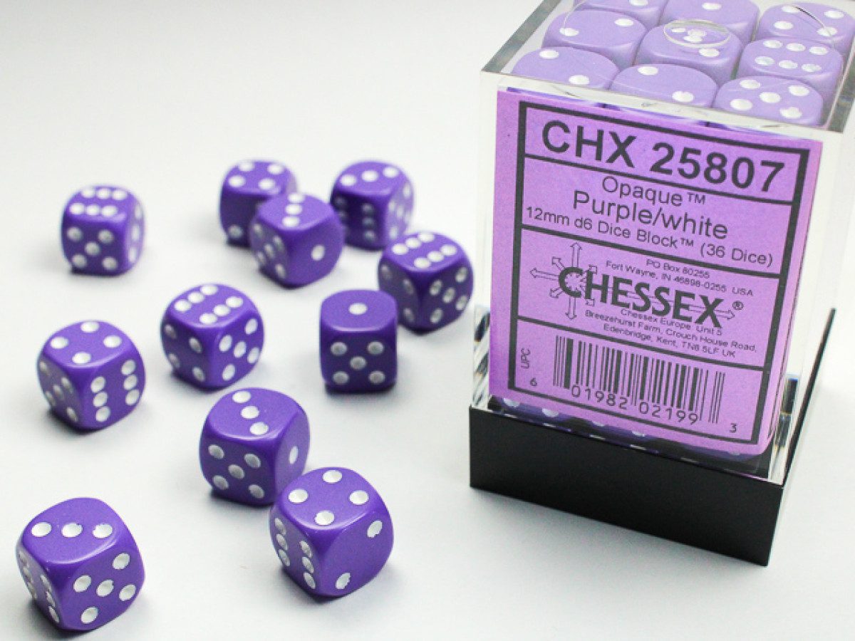 photo of Chessex: Opaque Purple/White 12mm d6 Dice Block (36 dice)