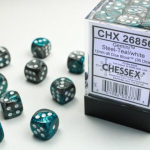 Chessex: Gemini Steel-Teal/White 12mm d6 Dice Block (36 dice)