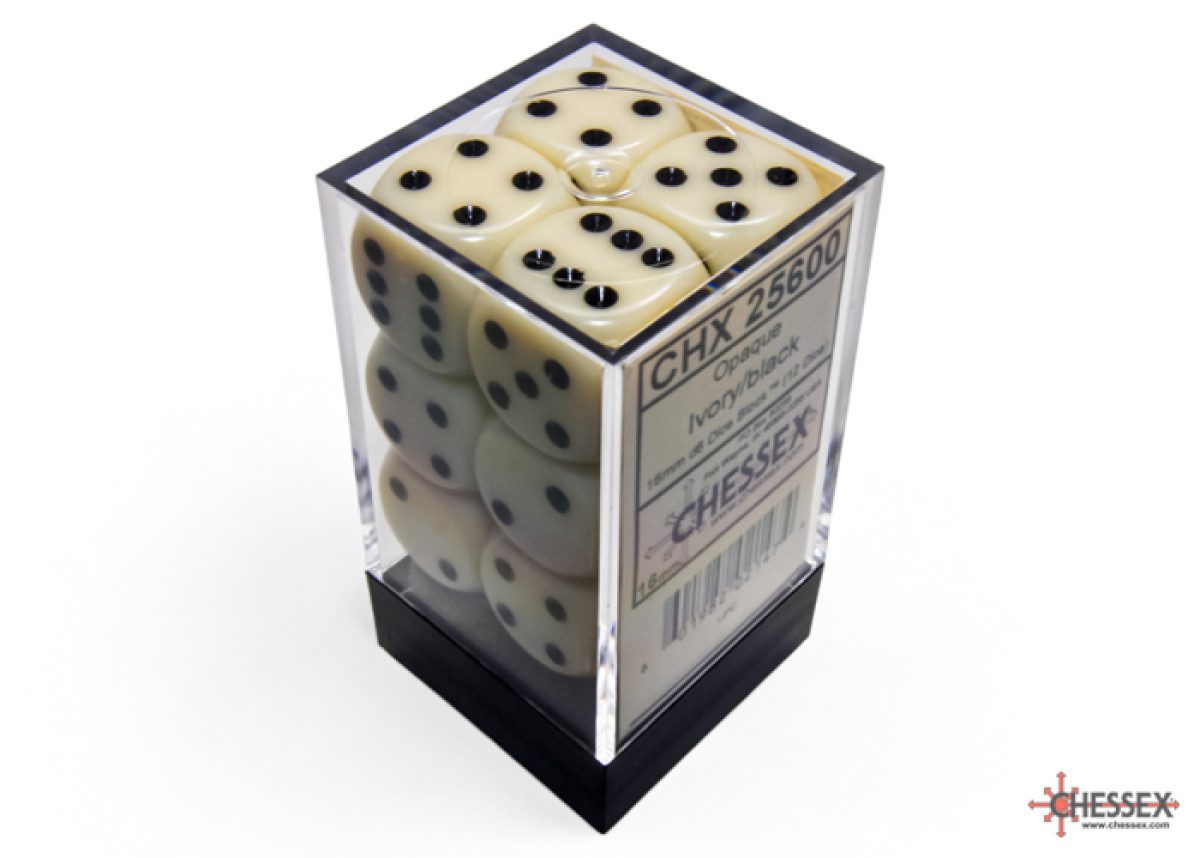 photo of Chessex: Opaque Ivory/Black 16mm d6 Dice Block (12 dice) box